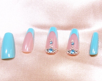 Turquoise & Nude Jeweled Press‑On Nails | Handmade Luxury Nail Set | Reusable Salon‑Quality Tips