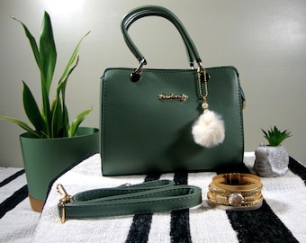 Green PU (polyurethane) faux leather handbag