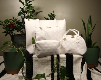 White Quilted PU Leather Handbag Set – Tote, Shoulder, Crossbody, Pouch (Gold Hardware)