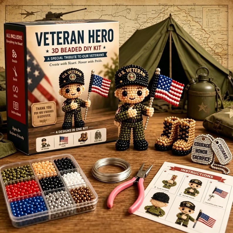Puede incluir: Un kit de bricolaje de cuentas 3D Veteran Hero con el texto "Un tributo especial a nuestros veteranos". El kit incluye cuentas, alambre, instrucciones y figuras de soldados con cuentas que sostienen banderas americanas.