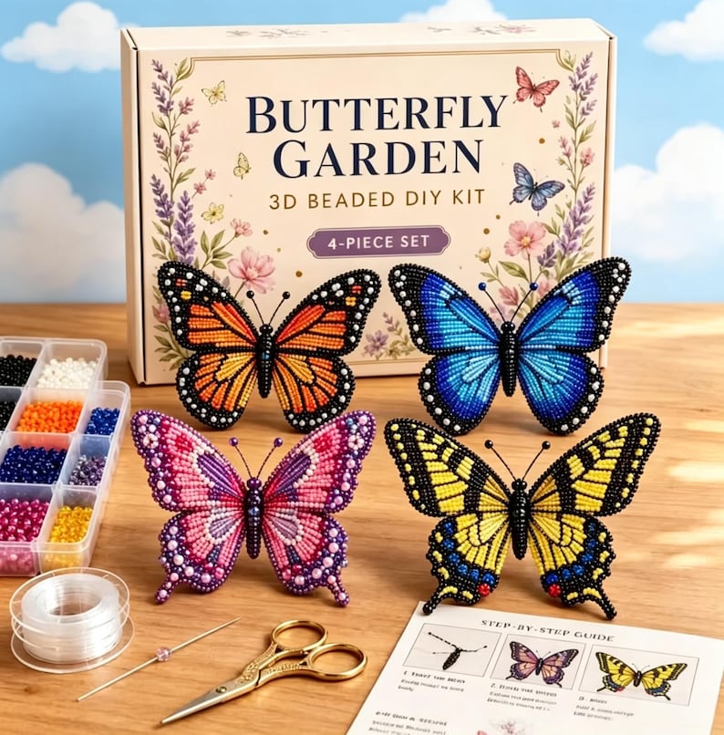 Puede incluir: Un kit de bricolaje de 4 piezas para crear arte de mariposas con cuentas. El kit incluye cuatro mariposas de cuentas de colores, una caja con el texto "Butterfly Garden 3D Beaded DIY Kit", cuentas, hilo, tijeras y una gu&iacute;a paso a paso.