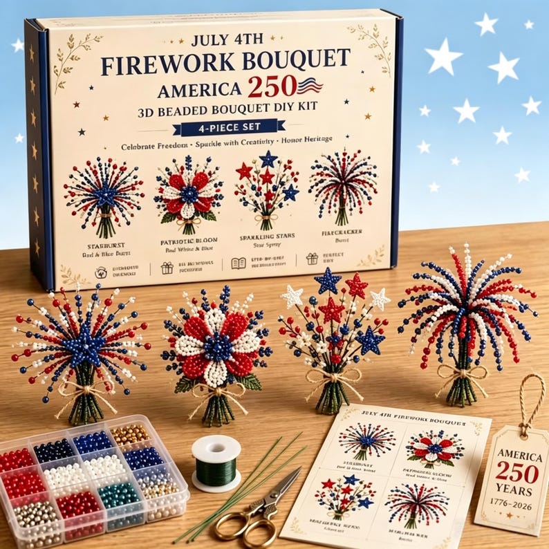 Puede incluir: Un kit de bricolaje de 4 piezas para crear ramos de fuegos artificiales con cuentas en 3D. El kit incluye cuentas en rojo, blanco y azul, junto con instrucciones y materiales para hacer decoraciones patri&oacute;ticas. La caja dice "July 4th Firework Bouquet America 250".
