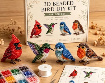 Kit de manualidades de pájaros 3D con cuentas de 4 piezas, juego de cuentas pequeñas para hacer adornos de cardenales, colibríes, pájaros azules y petirrojos.