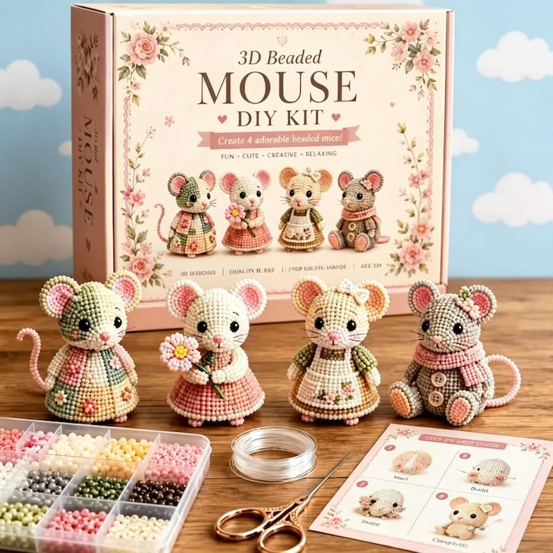 Puede incluir: Un kit de bricolaje de ratones con cuentas 3D. La caja muestra el texto "3D Beaded Mouse DIY Kit". El kit incluye materiales para crear cuatro ratones con cuentas, una bandeja de cuentas, tijeras e instrucciones. Los ratones visten diferentes atuendos.