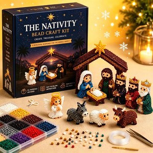 Puede incluir: Un kit de manualidades de cuentas para crear una escena de la Natividad. El kit incluye una caja con el texto "The Nativity Bead Craft Kit" y todos los materiales. La escena terminada incluye figuras de Mar&iacute;a, Jos&eacute;, el ni&ntilde;o Jes&uacute;s, &aacute;ngeles y los tres reyes magos.