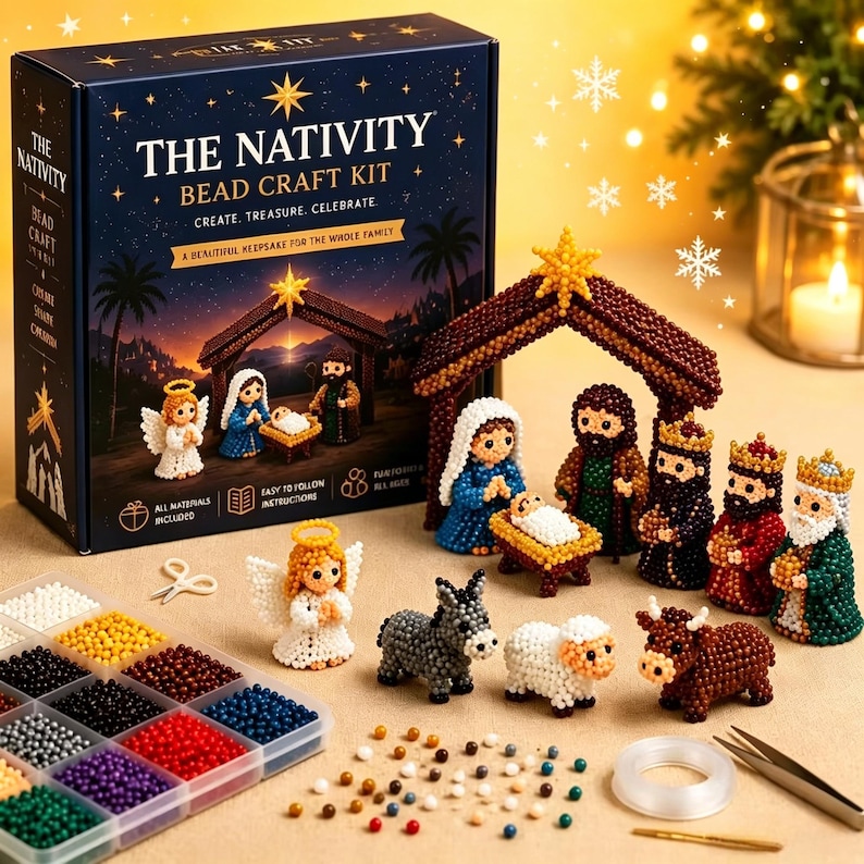 Puede incluir: Un kit de manualidades de cuentas para crear una escena de la Natividad. El kit incluye una caja con el texto "The Nativity Bead Craft Kit" y todos los materiales. La escena terminada incluye figuras de Mar&iacute;a, Jos&eacute;, el ni&ntilde;o Jes&uacute;s, &aacute;ngeles y los tres reyes magos.