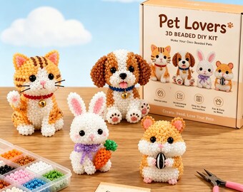 Kit de manualidades 3D con cuentas para amantes de las mascotas: Kit de bricolaje con cuentas de semillas, ideal para principiantes, para crear adornos de gatos, perros, conejos y hámsteres. Un regalo único para ella.