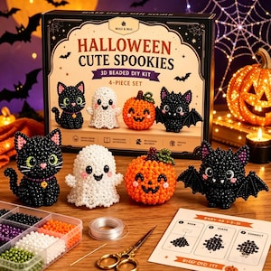 Puede incluir: Un kit de bricolaje de cuentas 3D con tem&aacute;tica de Halloween que presenta un gato negro, un fantasma, una calabaza y un murci&eacute;lago. El kit incluye cuentas, hilo e instrucciones. La caja dice "Halloween Cute Spookies".
