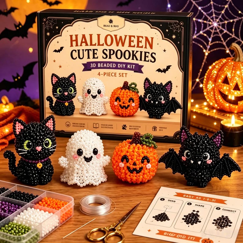 Puede incluir: Un kit de bricolaje de cuentas 3D con tem&aacute;tica de Halloween que presenta un gato negro, un fantasma, una calabaza y un murci&eacute;lago. El kit incluye cuentas, hilo e instrucciones. La caja dice "Halloween Cute Spookies".