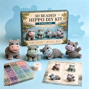 Puede incluir: Un kit de bricolaje de hipop&oacute;tamo con cuentas 3D, un juego de 4 piezas. La caja muestra el texto "3D BEADED HIPPO DIY KIT" y "4-PIECE SET". La imagen muestra hipop&oacute;tamos con cuentas terminados, cuentas, hilo e instrucciones paso a paso.