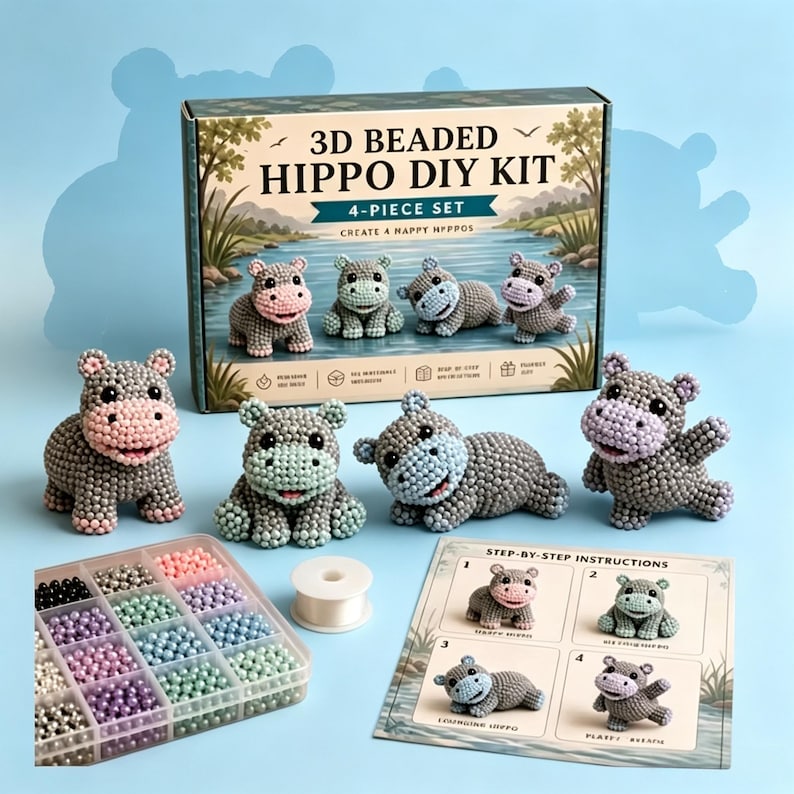 Puede incluir: Un kit de bricolaje de hipop&oacute;tamo con cuentas 3D, un juego de 4 piezas. La caja muestra el texto "3D BEADED HIPPO DIY KIT" y "4-PIECE SET". La imagen muestra hipop&oacute;tamos con cuentas terminados, cuentas, hilo e instrucciones paso a paso.