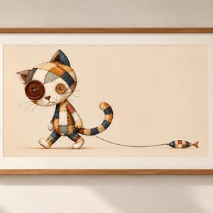 Patchwork Cat Wall Art, Whimsical Cat Walking Fish, Button Eye Cat Print, Cute Nursery Decor, Printable Digital Download