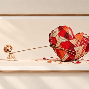Whimsical Fairy Wall Art, Girl Pulling Giant Patchwork Heart, Button Eye Doll, Romantic Collage Art, Nursery Decor, Printable Digital Downlo