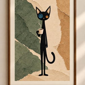 Whimsical Black Cat Wall Art, Coffee Drinking Cat with Button Eyes, Quirky Coffee Lover Art, Vintage Collage Print, Eclectic Printable Wall