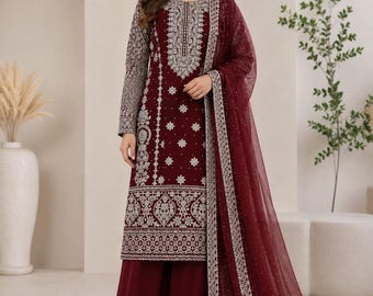 Luxuriöser, bestickter pakistanischer Salwar Kameez für Damen, 3-teiliger Hochzeitsgastanzug (Bordeauxrot)