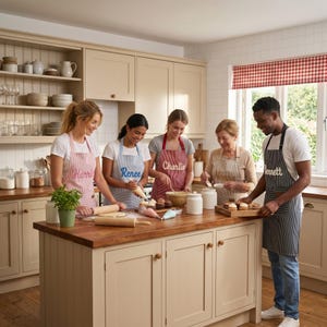 Può includere: Cinque persone indossano grembiuli a righe personalizzati con i nomi Harrie, Renee, Charlie, Nonna e Bennett ricamati sul davanti. I grembiuli sono rosa, azzurri, rossi, beige e grigio scuro, indossati sopra magliette bianche.