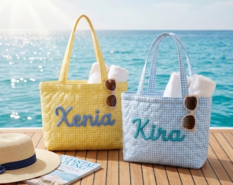 Personalized Floral Tote Bag, Quilted Bridesmaid Shoulder Purse, Elegant Beach Vacation & Wedding Gift