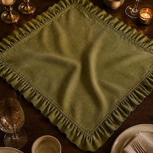 Olivgrön fyrkantig bordsduk med volang, bordslöpare, 32 x 32 tum, 80 x 80 cm, bordsduk, lantlig bordsdekor, matbord i linnefärgat linne