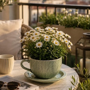 Op de afbeelding: Een grote, lichtgroene keramische theekop en schotel als plantenbak met een textuurrijke, gebarsten glazuurafwerking. De kop is gevuld met een dichte bos witte madeliefjes met heldergele harten en groen blad, wat een levendig bloemstuk vormt.