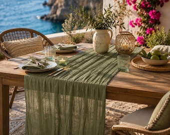 Olijfgroen kaasdoek tafelloper, boho bruiloftsdecor, saliegaas tafelkleed