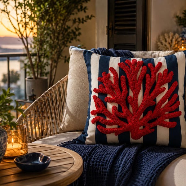 Coastal Coral Striped Cushion Cover, Nautical Punch Throw Pillow, Beach House Decor