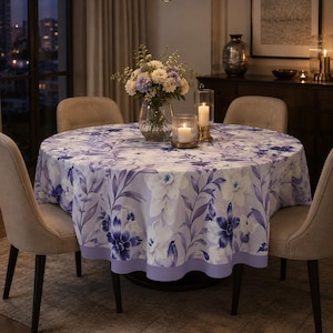 Peut inclure: Une nappe ronde présentant un fond violet clair avec un motif répétitif de fleurs blanches et bleu foncé ainsi que des tiges feuillues. La nappe possède une bordure unie violet clair sur le bas et recouvre une table ronde.
