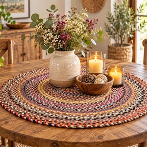 Peut inclure: Un dessous de table rond et tressé aux couleurs multiples, composé d'anneaux concentriques rouges, orange, jaunes, bleus et neutres. Il est posé sur une table en bois sous un vase en céramique, un bol en bois et des bougies allumées.
