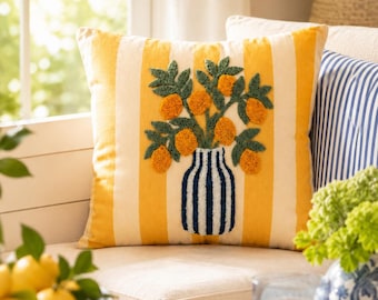 Punch Needle Citrus Floral Pillow Cover 17x17inch Yellow Striped Cushion Cover Lemon Vase Throw Pillow Mediterranean Cottagecore Decor