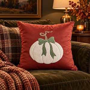 Pumpkin Punch Needle Pillow Cover 17x17 inch 43x43cm Rust Orange Cushion with Cream Pumpkin and Sage Green Bow Fall Decor