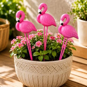 May include: Three bright pink flamingo garden stakes with long, thin legs and black-tipped beaks. Each flamingo figure is positioned upright, inserted into a round, textured beige ceramic planter filled with small green leaves and pink flowers.