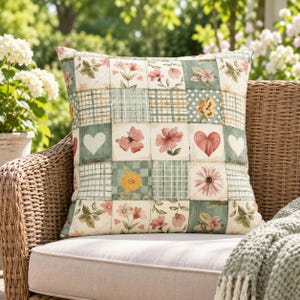 Floral Patchwork Style Pillow Cover 17x17 inch 43x43cm Sage Green and Pink Cottagecore Cushion Heart and Plaid Design
