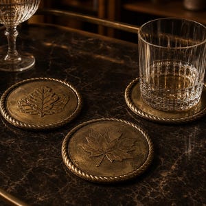 Könnte beinhalten: Drei kreisförmige Untersetzer aus Messing mit einem seilartigen Rand, die jeweils ein erhabenes Blattmotiv in der Mitte aufweisen. Ein Untersetzer trägt ein klares Glas mit einer goldenen Flüssigkeit, während die anderen Eichen- und Ahornblattmotive zeigen.