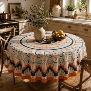 May include: A round tablecloth featuring a repeating mandala-inspired pattern in shades of deep navy blue, bright orange, and white. The design consists of concentric circles with petal-like motifs radiating from the centre towards the scalloped edge.