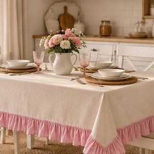 Pink Ruffle Tablecloth Cream Square or Rectangular Table Cover Baby Shower Table Cover Party Table Cottagecore Dining Table Decor