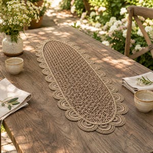 Puede incluir: Un camino de mesa ovalado con un patrón de celosía tejido en color tostado en el centro y un borde festoneado decorativo con bucles circulares concéntricos. El camino está hecho de un material de fibra en tono natural con diseño calado.