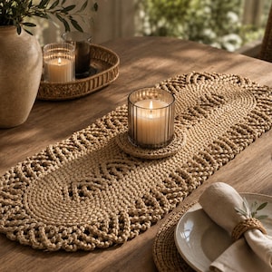 May include: An oval-shaped, woven tan jute table runner featuring a decorative braided border. The runner is centered with a matching circular jute coaster holding a clear glass candle holder with a white wax candle. The texture is coarse and natural.