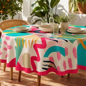 Färgglad rund duk för uteplatsdekor abstrakt boho bordsduk konstnärlig matduk ljus maximalistisk kök sommarduk linne
