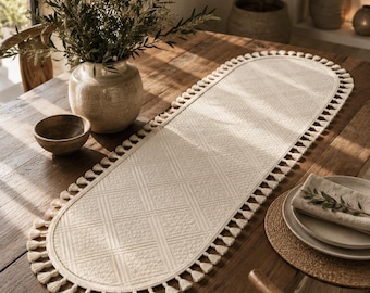 Boho-Tischläufer mit Quasten, ovaler runder Tischläufer, neutrale Tischdecke im Landhausstil, rustikales Tisch-Mittelstück