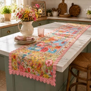 May include: A colorful floral table runner with a pink lace trim. The runner features a vibrant pattern of flowers in shades of pink, blue, yellow, and red. A white pitcher with flowers, plates, and a glass are on the marble countertop.