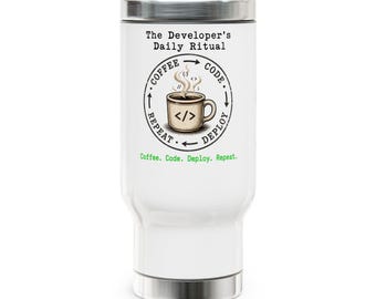 Kubek podróżny Coffee Code Deploy Repeat 14 uncji | Zabawny prezent dla programisty | Kubek do kawy dla programisty | SRE DevOps IT