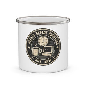 Taza de camping esmaltada "Viernes de Despliegue: Sobreviviente" / Est. 3 AM / Regalo divertido para ingenieros de TI, SRE y DevOps / Taza para programadores