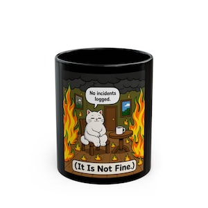 May include: A black ceramic mug featuring a cartoon illustration of a white cat sitting in a room engulfed in flames. The cat has a speech bubble that reads No incidents logged. Below the cat, the text reads (It Is Not Fine.) in black letters.