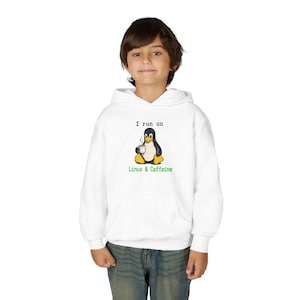Sweat à capuche pour jeune I Run on Linux and Caffeine | Cadeau Linux amusant pour les enfants | Tux Pingouin T-shirt | Enfant geek