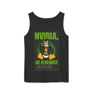 May include: A black tank top featuring a graphic of a penguin giving the middle finger. The text reads NVIDIA. WE REMEMBER. with a smaller image of a person and the text I AM TORVALDS. Below are the lines: $ sudo modprobe nvidia # famous last command.