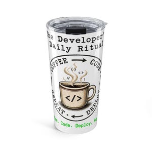 Coffee Code Deploy Repeat-beker 20oz | Grappig ontwikkelaarscadeau | Reismok programmeur | SRE DevOps IT-ingenieur