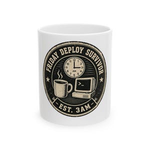 May include: White ceramic mug with a black and beige graphic. The graphic includes the text "FRIDAY DEPLOY SURVIVOR - EST. 3AM-", a clock, a coffee cup, and a vintage computer.