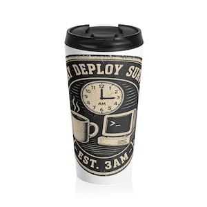Taza de viaje Friday Deploy Survivor / Est. 3AM / Regalo divertido para profesionales de TI SRE DevOps / Café para hackers, programadores y desarrolladores