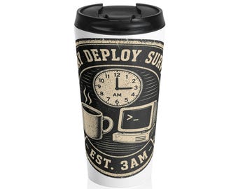 Kubek podróżny Friday Deploy Survivor | Est. 3:00 | Zabawny prezent IT SRE DevOps | Hacker Programmer Developer Coffee