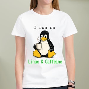 I Run on Linux and Caffeine Women's AOP T-Shirt | Funny  Linux Gift | Tux Penguin | SRE DevOps IT Programmer
