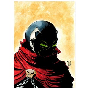 May include: A comic book style illustration of a character wearing a black mask with glowing green eyes and a dark hood. The character is draped in a vibrant red cape secured with a beige skull-shaped clasp and silver chains against a yellow background.